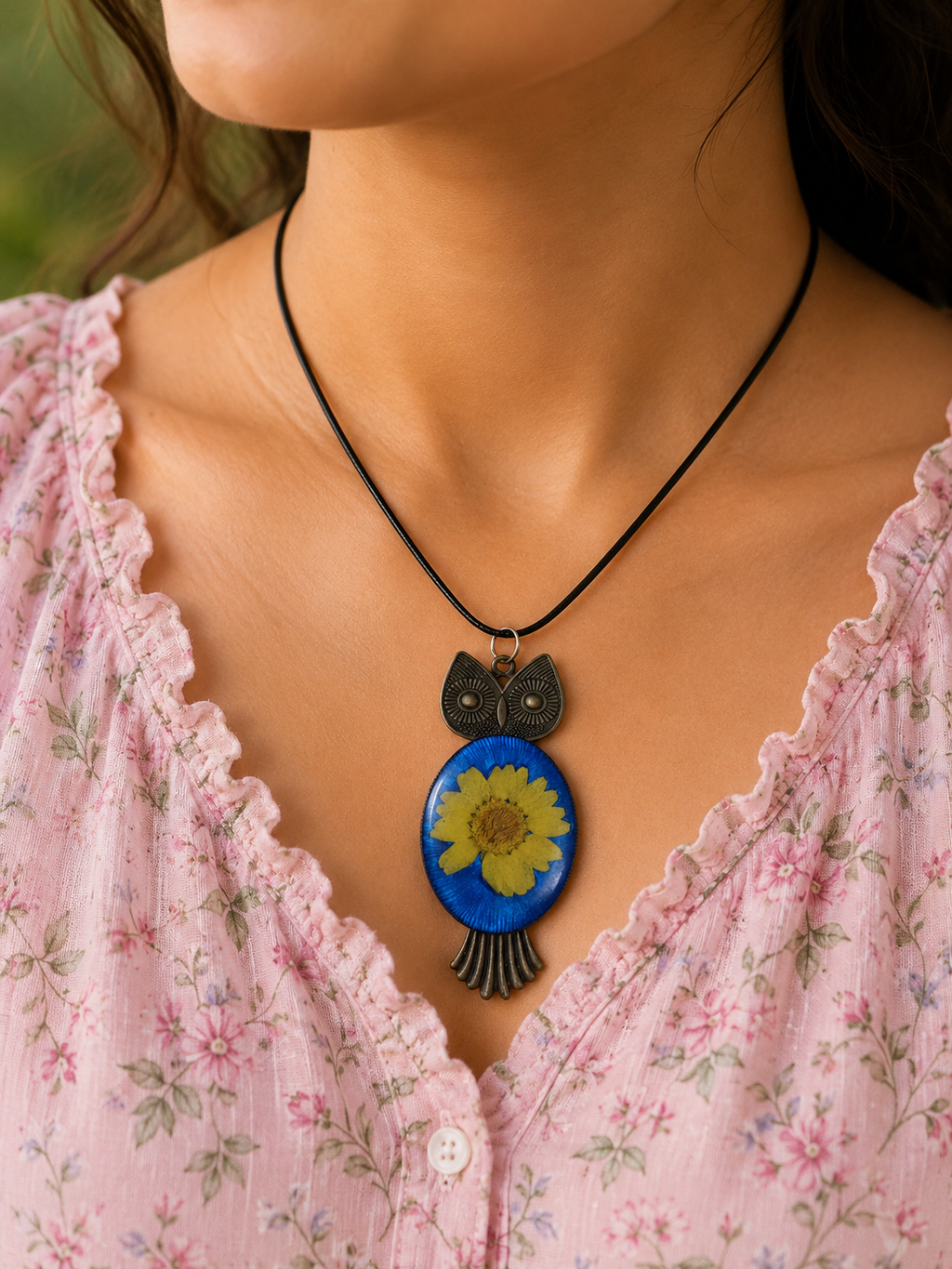 Blue Daisy Dream Owl Pendant