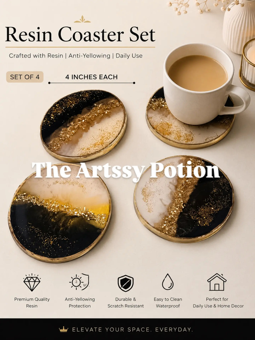 Monochrome Edit | Luxury Table Accessories | Handmade Resin Coaster set Glass Finish