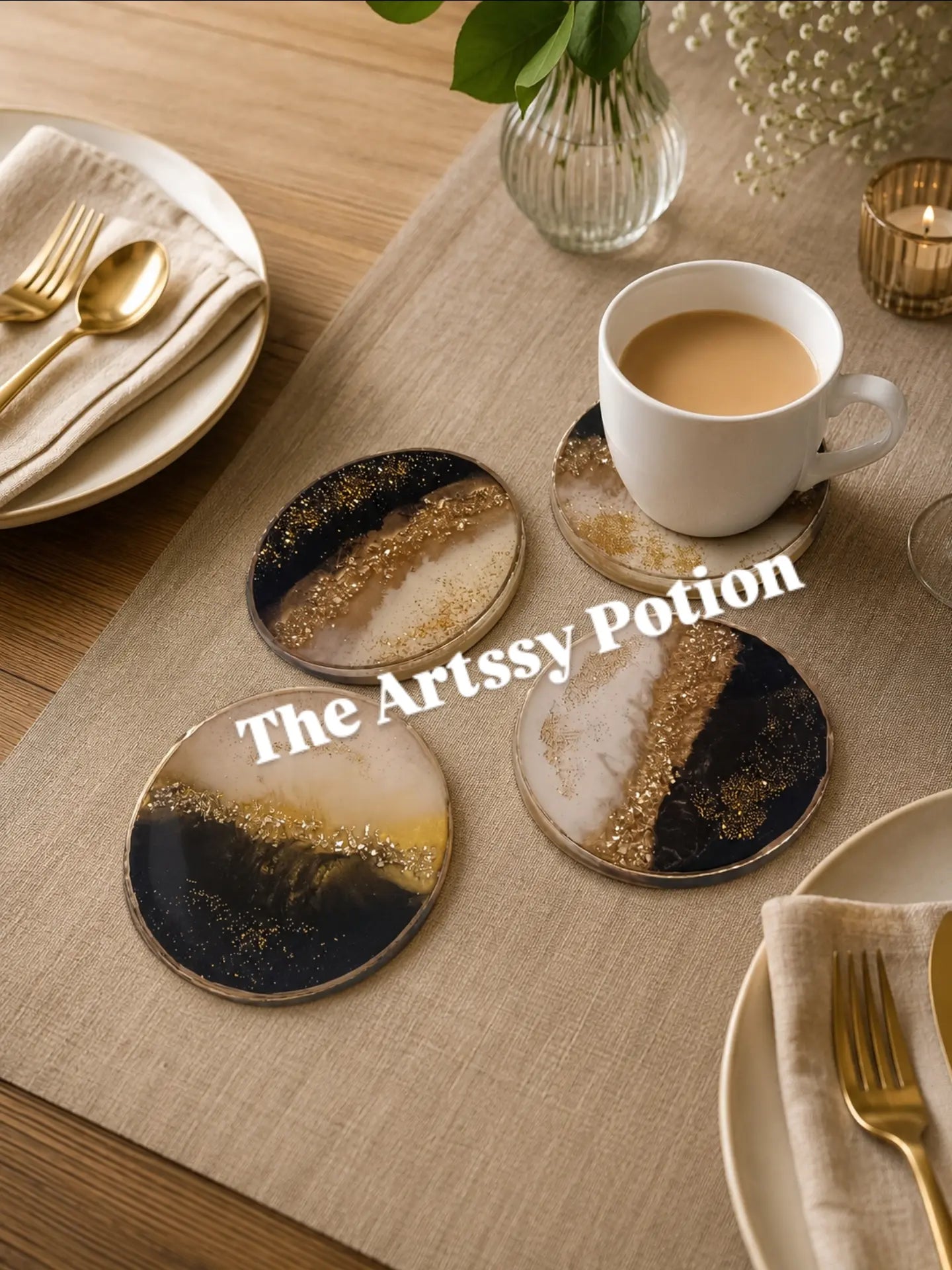 Monochrome Edit | Luxury Table Accessories | Handmade Resin Coaster set Glass Finish
