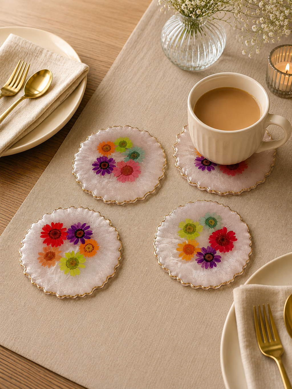Blush Bloom Resin Coaster set